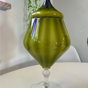 Vintage Empoli Cased Glass Apothecary Jar Olive Avocado Green MCM